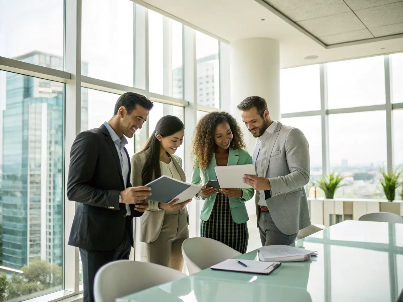 A team of consultants brainstorming in a meeting room, focusing on business funding and revenue strategy.