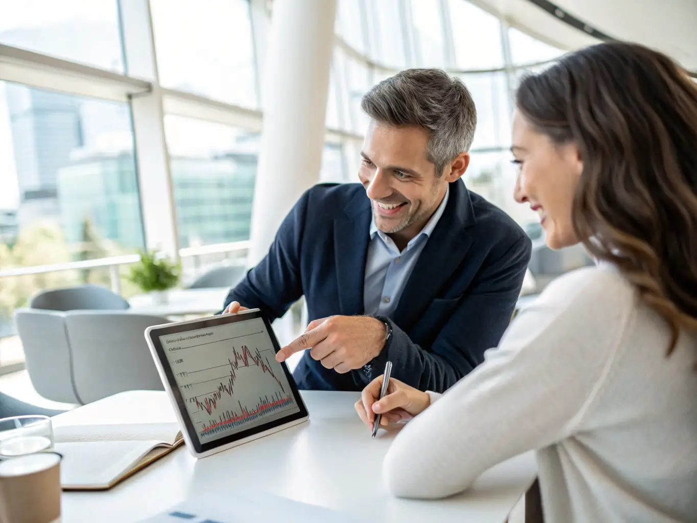 An image of a financial advisor discussing investment options with a client, with charts and graphs in the background, representing financial planning and investment strategies.