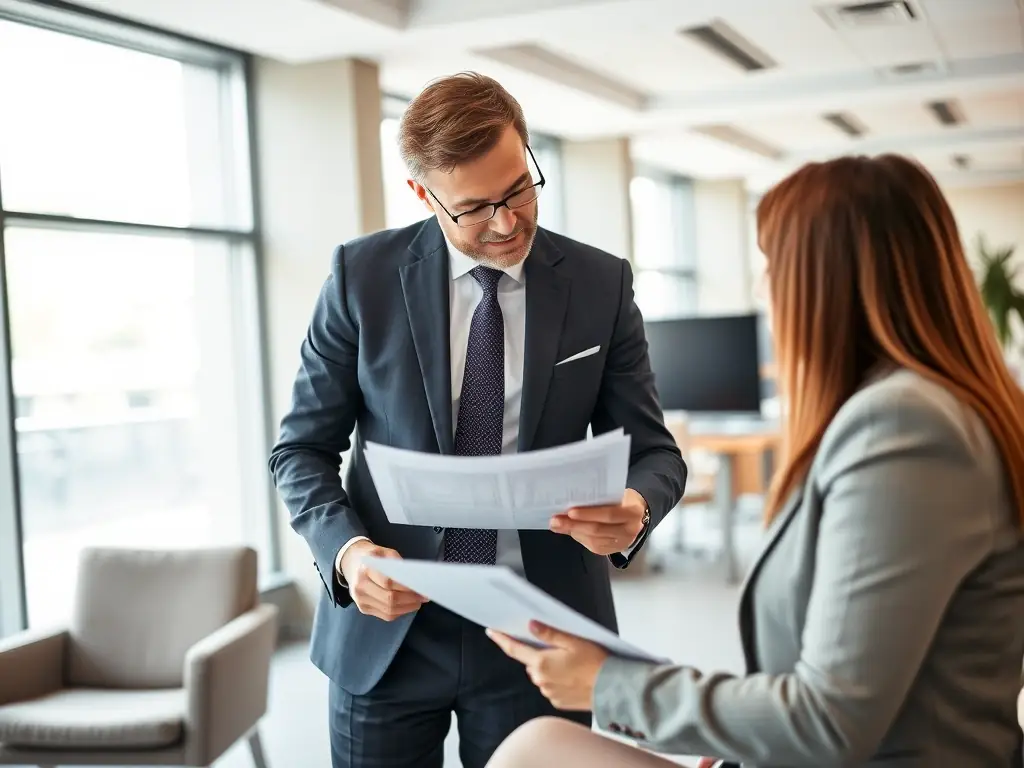 A consultant in a modern office setting, reviewing financial documents with a client, showcasing personalized financial planning.