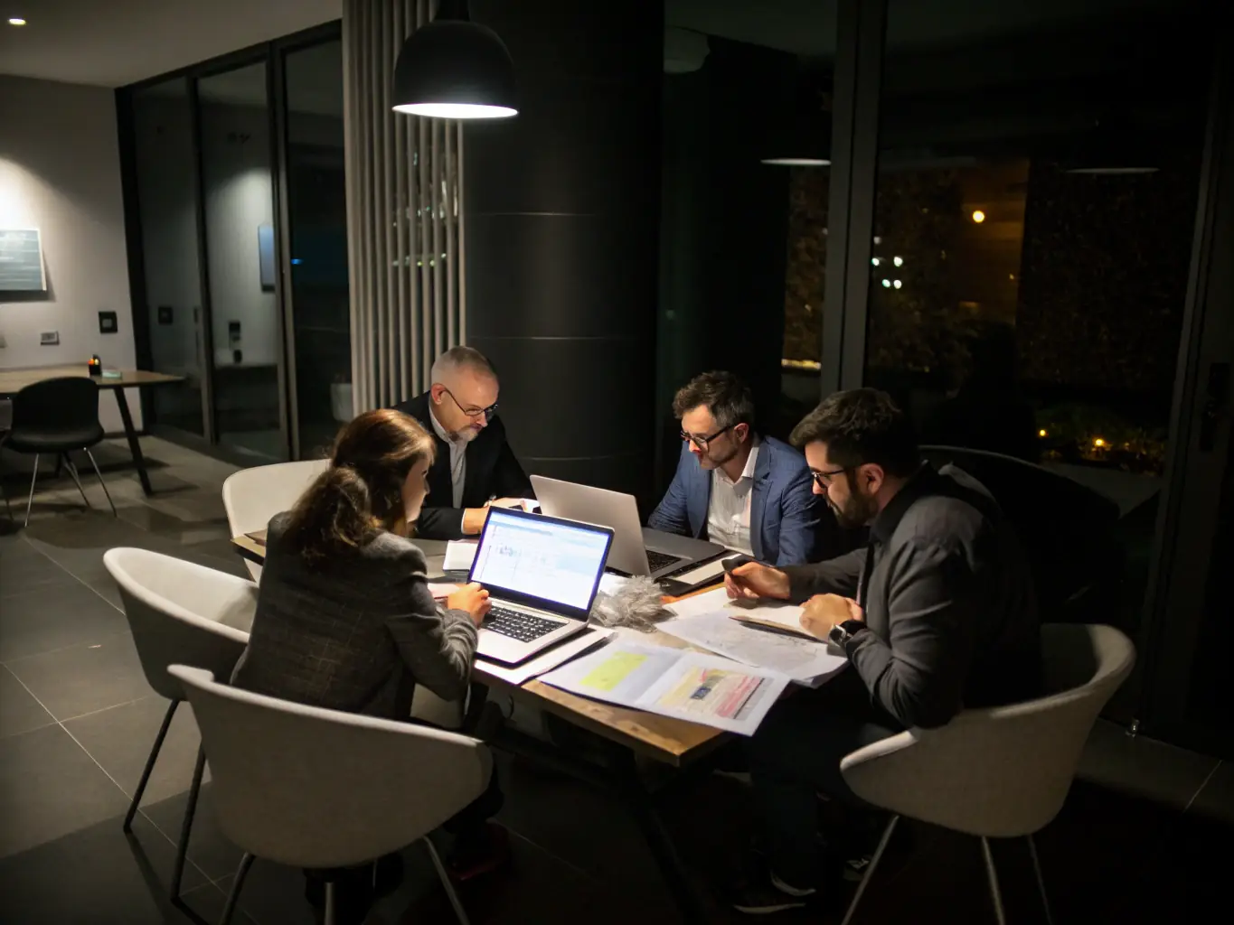 A team of consultants analyzing business financials and discussing funding options with entrepreneurs, symbolizing business funding and revenue strategy consulting.